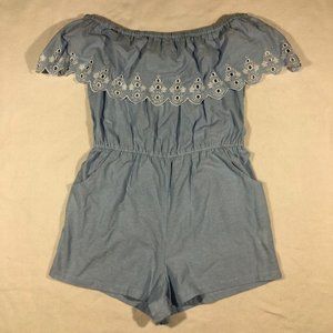 NEW Mudpie Womens Large Juniper Romper Blue Eyelet Off The Shoulder NWT $45